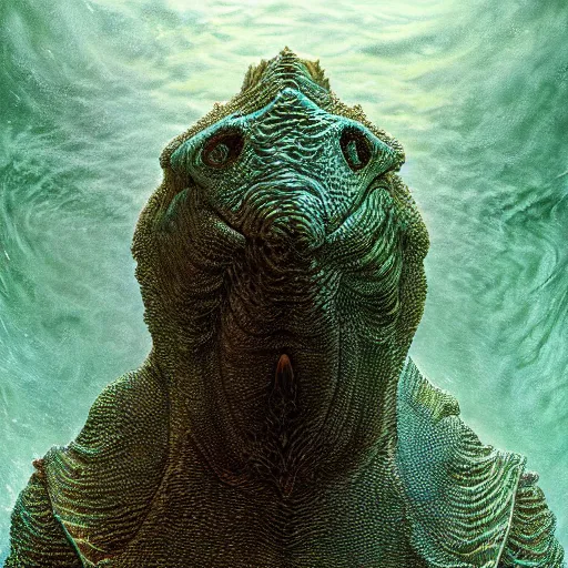 Image similar to photorealistic aquatic monster in the style of michael whelan and gustave dore. hyperdetailed photorealism, 1 0 8 megapixels, amazing depth, glowing rich colors, powerful imagery, psychedelic overtones, 3 d finalrender, 3 d shading, cinematic lighting, artstation concept art