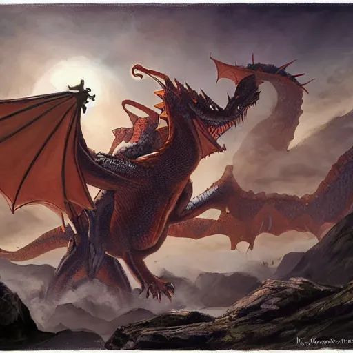 Prompt: a group on adventures fighting a mighty dragon, by Keith Parkinson