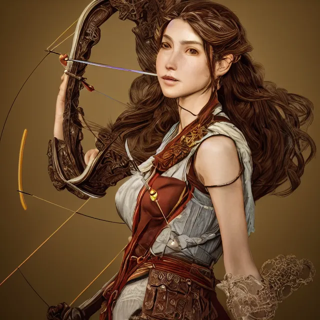 Image similar to the portrait of lawful neutral semi - colorful female archer huntress as absurdly beautiful, gorgeous, elegant, young girl, an ultrafine hyperdetailed illustration by kim jung gi, irakli nadar, intricate linework, bright colors, octopath traveler, final fantasy, unreal engine 5 highly rendered, global illumination, radiant light, detailed and intricate environment