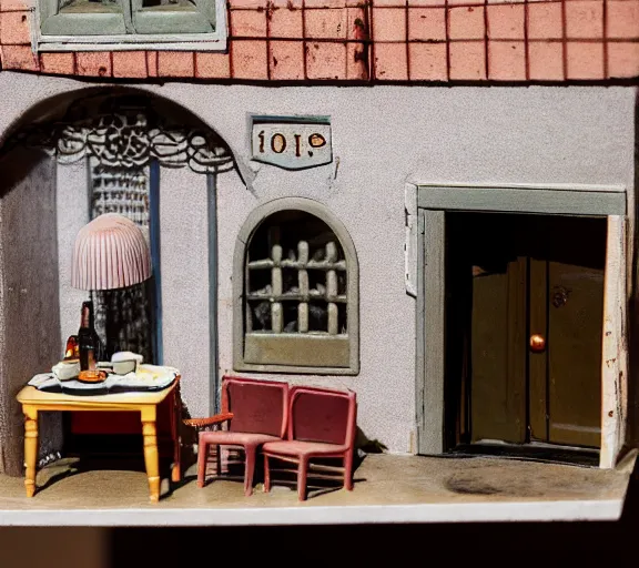 Image similar to macro photo, diorama of a miniature french restaurant for mice, interior