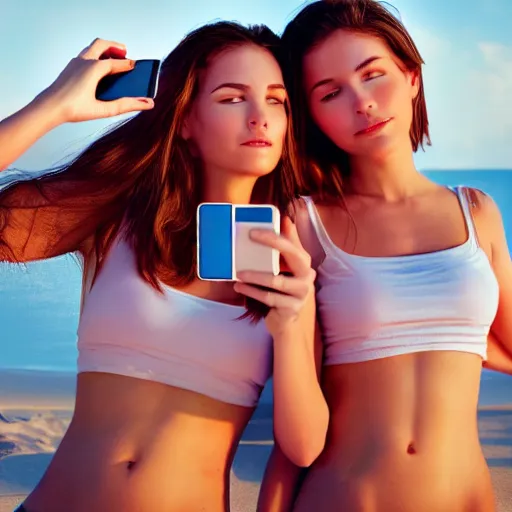 Image similar to beautiful serene intricate portrait of identical twin women, taking a selfie, smiling softly, relaxing on the beach, wearing casual clothes golden hour, soft focus, 8 k, art by irakli nadar, hyperrealism, hyperdetailed, ultra realistic