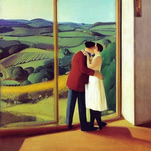 Image similar to a couple kissing, behind them is a window that shows a hilly landscape with vineyards, hopper