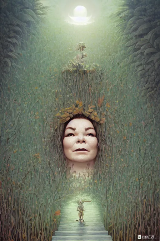 Image similar to bjork portrait by hubert robert and lee madgwick and roger dean and jacek yerka, dan mumford and alex grey style, soft lighting, 4 k hd wallpaper illustration concept joy atmospheric lighting