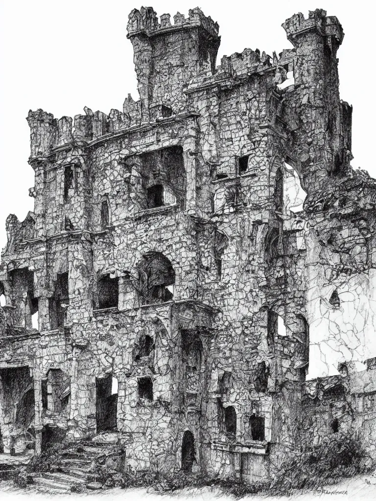 Image similar to A pen drawing of a dilapidated ancient castle building in the wood, by Juan Francisco Casas, high detailed