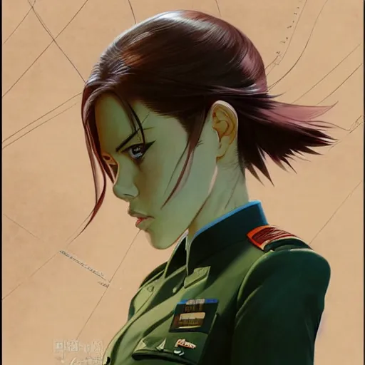 Image similar to manga girl in a green military uniform, fine - face, scarlett johanson, realistic shaded perfect face, fine details. anime. realistic shaded lighting poster by ilya kuvshinov katsuhiro otomo ghost - in - the - shell, magali villeneuve, artgerm, jeremy lipkin and michael garmash and rob rey