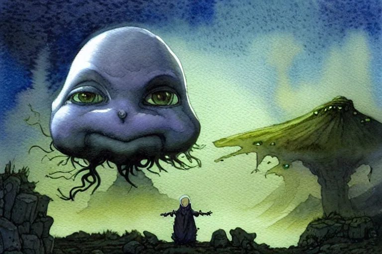 Image similar to a realistic and atmospheric watercolour fantasy character concept art portrait of a short fat chibi grey alien emerging from the mist on the moors of ireland at night. a ufo is in the sky. by rebecca guay, michael kaluta, charles vess and jean moebius giraud