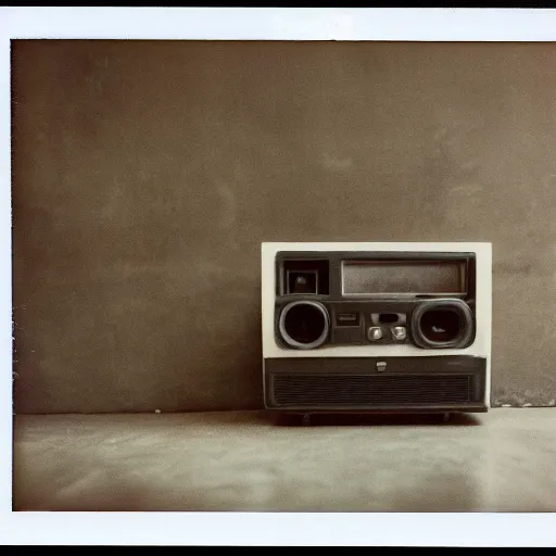 Image similar to dark concrete room with a tv on the ground, the tv has a face obscured by static on a dark background, creepy, eerie, old polaroid, expired film,