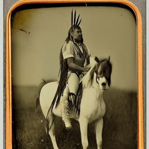 Image similar to tintype photo, native american riding unicorn