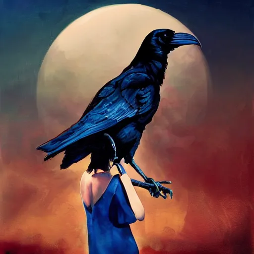 Image similar to morning, raven bird perching on the shoulder of a woman in a black dress. sun, cinematic, clouds, vogue cover style, copper and deep blue mood, realistic painting, intricate oil painting, high detail, figurative art, multiple exposure, poster art, 3 d, by simon bisley, ismail inceoglu, wadim kashin, filip hodas.