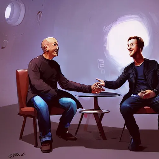 Prompt: cell shaded illustration of a meeting between elon musk, mark zuckerberg, jeff bezos, very detailled, art contest winner on behance, trendy on deviant art, by by artgem, greg rutkowski, by greg tocchini, by joe fenton