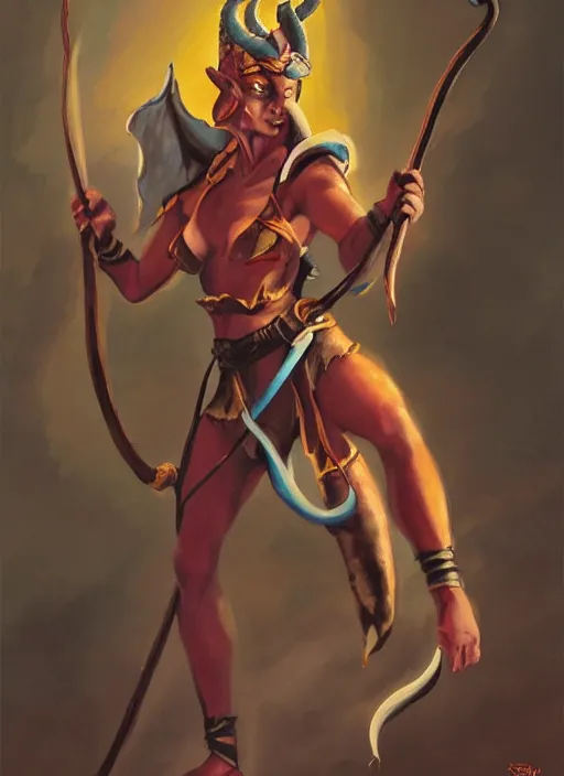 Prompt: a mighty female d & d tiefling monk painted by raymond swamland, award winning