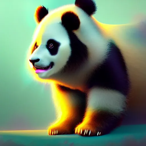 Image similar to looks like a panda. It has glowing fur, a glossy snout and puffy ears:: by beeple and James Gilleard and Justin Gerard :: ornate, dynamic, particulate, intricate, elegant, highly detailed, centered, artstation, smooth, sharp focus, octane render, 3d