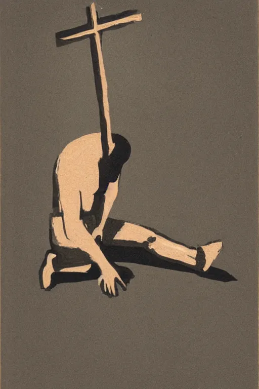 Image similar to man kneeling on the ground in front of a wooden cross, 1960’s minimalist advertising illustration, painterly, expressive brush strokes