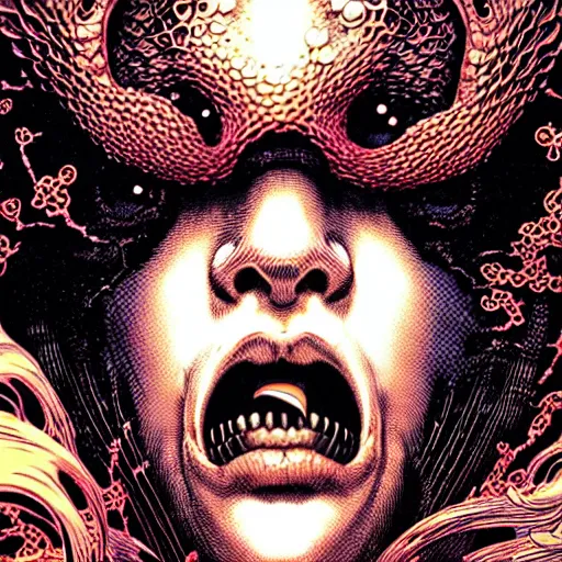 Image similar to closeup of face melting and tongues, by yoichi hatakenaka, masamune shirow, josan gonzales and dan mumford, ayami kojima, takato yamamoto, karol bak