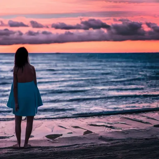 Image similar to a woman facing a oval blue energy portal on the street, which shows a beach at sunset