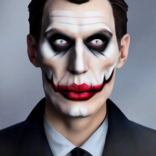 Image similar to Jerma in real life with joker makeup, realistic, very realistic, hyperrealistic, highly detailed, very detailed, extremely detailed, detailed, digital art, oil painting, trending on artstation, headshot and bodyshot, detailed face, very detailed face, extremely detailed face, HD Quality, 8k resolution