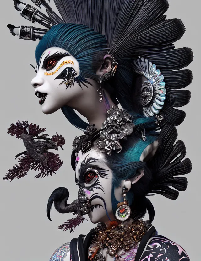 Image similar to 3 d goddess close - up profile portrait punk with mohawk with ram skull. beautiful intricately detailed japanese crow kitsune mask and clasical japanese kimono. betta fish, jellyfish phoenix, bio luminescent, plasma, ice, water, wind, creature, artwork by tooth wu and wlop and beeple and greg rutkowski