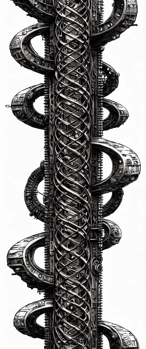 Image similar to a double helix dna cyberpunk steampunk carved pillar, high details, lineart, by vincent di fate and joe fenton, inking, screen print, masterpiece, trending on artstation, sharp, high contrast, hyper - detailed,, hd, 4 k, 8 k