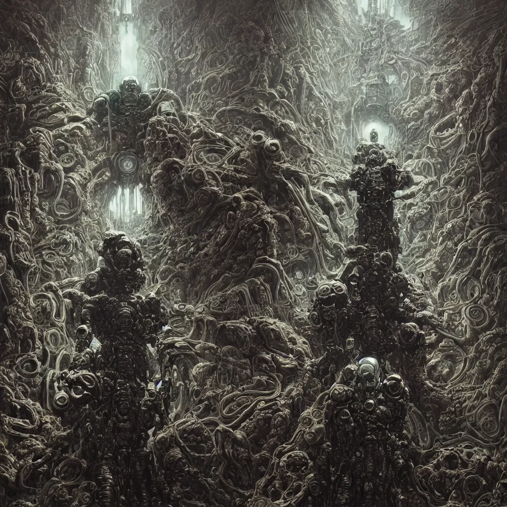 Image similar to symmetric frame of dr doom from Prometheus movie by beksinski, cyborg dr doom mecha by guo pei and alexander mcqueen metal couture editorial, eldritch epic monumental wallpaper by beksinski by Yuko Shimizu