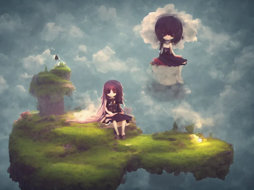 Image similar to cute fumo plush gothic maiden girl sitting on a floating island, isometric projection, wisps of smoke and volumetric fog, vignette, vray