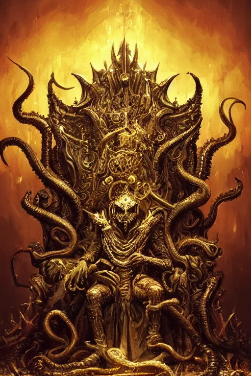 Image similar to lovecraftian gilded king on a throne in the underworld, underworld, hell, monster, devil, demon, digital art, in the style of greg rutkowski, trending on artstation