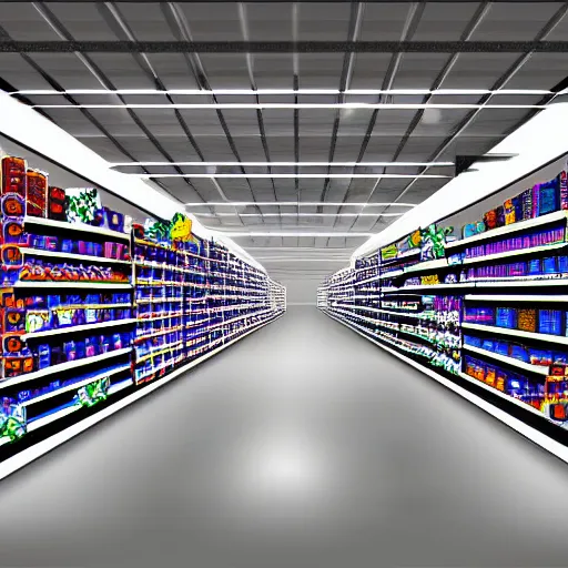 Image similar to freezer aisle of a store, digital art, surreal, ethereal