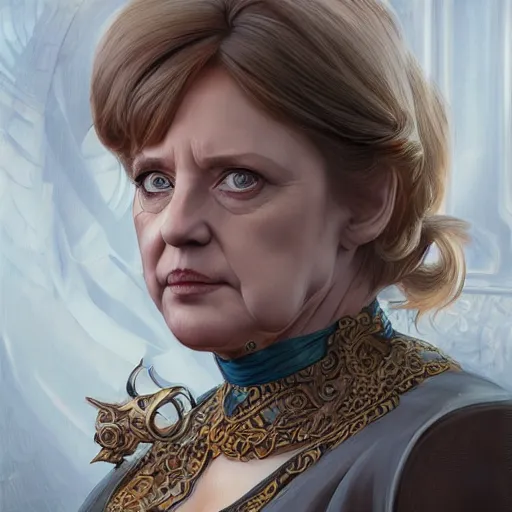 Image similar to Portrait of Angela Merkel with beard, D&D, blue eyes, face, dark fantasy, intricate, elegant, highly detailed, digital painting, artstation, concept art, smooth, sharp focus, illustration, art by artgerm and greg rutkowski and alphonse mucha