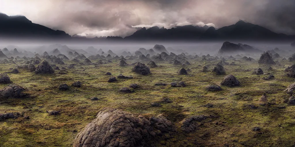 Prompt: A landscape of an alien planet stretching as far as the eye can see, with misty rolling hills on bizarre floating rock formations, vigorous misty mountains, and rainy thunderclouds, raining, landscape photography, landscape imagery, landscape perspective, trending on artstation, artstationHD, artstationHQ, 4k, 8k.