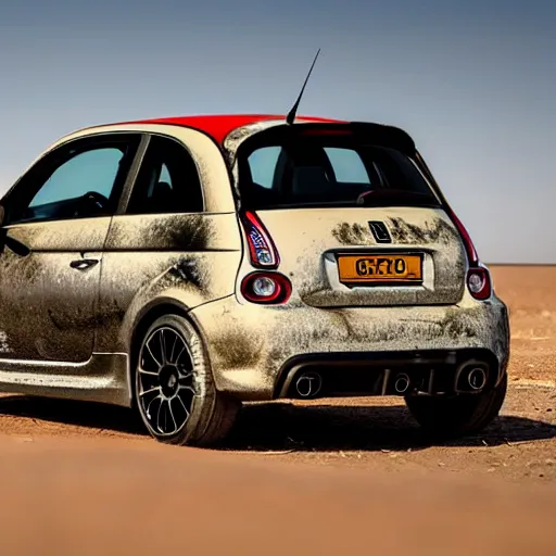 Image similar to a wrecked 2 0 1 0 abarth 5 0 0, abandoned in a desert, dusty, damaged, some rust