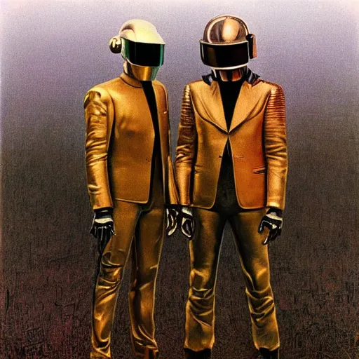 Prompt: album art of daft punk wearing leather jackets, standing together in a desolate wasteland, painted by zdzislaw beksinski