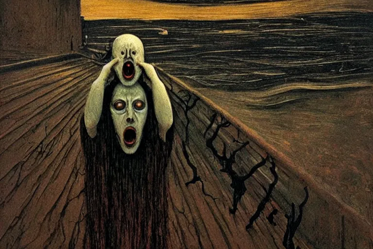 Image similar to the scream in the style of zdzislaw beksinski, gothic, surrealism, cosmic horror