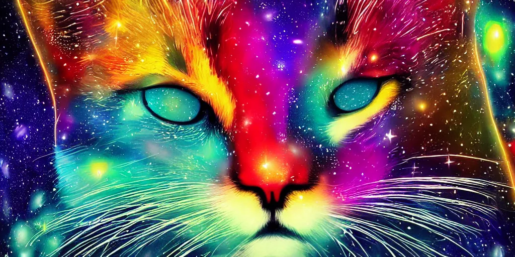 Prompt: colorful cosmic cat playing with the universe, striking digital art