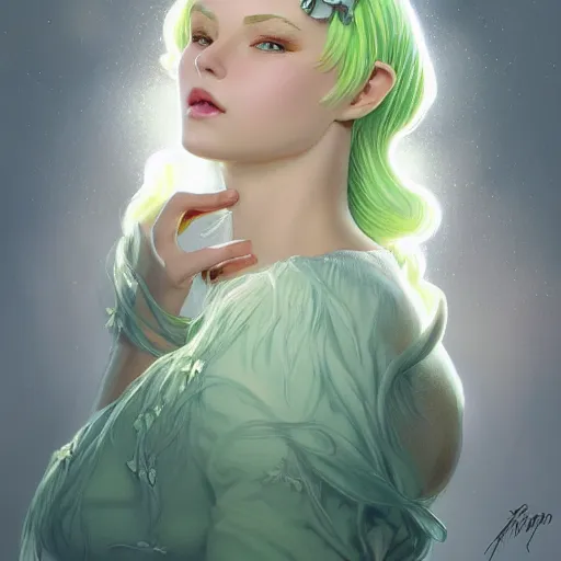 Image similar to ultra realistic illustration, dream girl with white hair, with light green eyes, with cat ears, in a sundress, intricate, elegant, highly detailed, digital painting, artstation, concept art, smooth, sharp focus, illustration, art by artgerm and greg rutkowski and alphonse mucha
