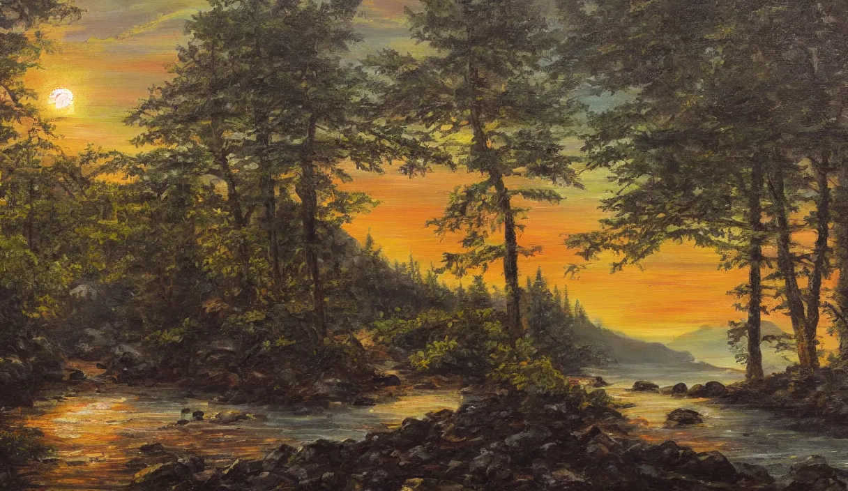 Prompt: a painting of a sunset with a forest, a crystalline stream with rocks and a wood cabin