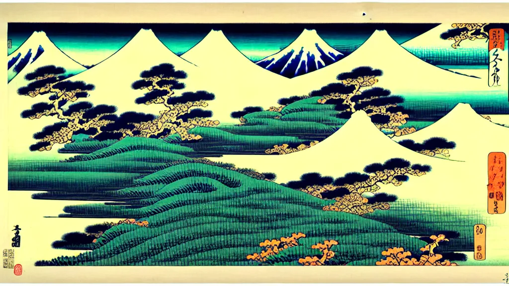 Image similar to landscape, by katsushika hokusai, calligraphy, pastel art, happy, feng shui, ray tracing reflections