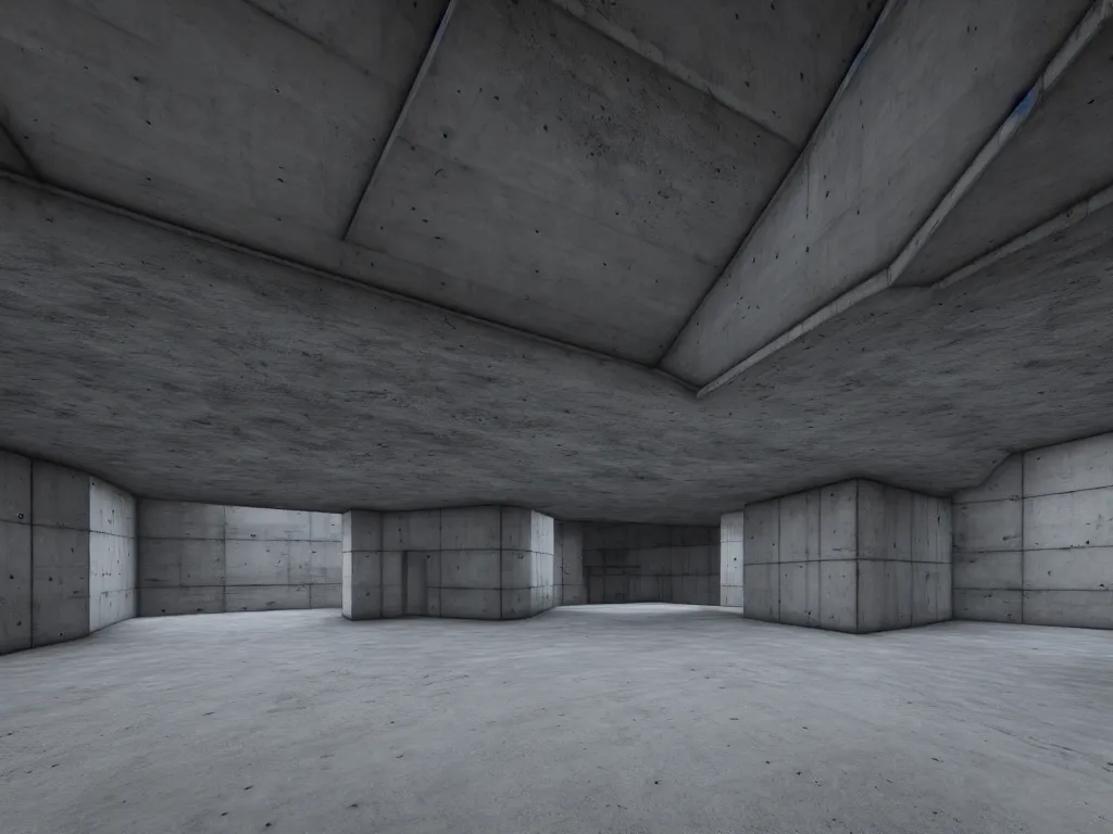 Image similar to Concrete huge dark-gray multi-layered underground structure with multiple floors and a plus-shaped cleft in the center. Inside view, straight lines, corners, high detailed, details, ultra realistic, photorealism, 8k, symmetrical, brutalism, beam, non-euclidean, architecture, volumetric lighting, cinematic