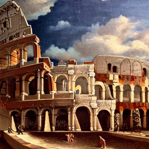 Image similar to a marble coliseum filled with roman people, oil painting,