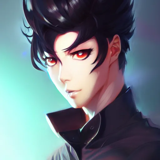 Image similar to anime portrait of a slick black hair guy with red eyes by stanley artgerm lau, wlop, rossdraws, james jean, andrei riabovitchev, marc simonetti, and sakimichan, trending on artstation