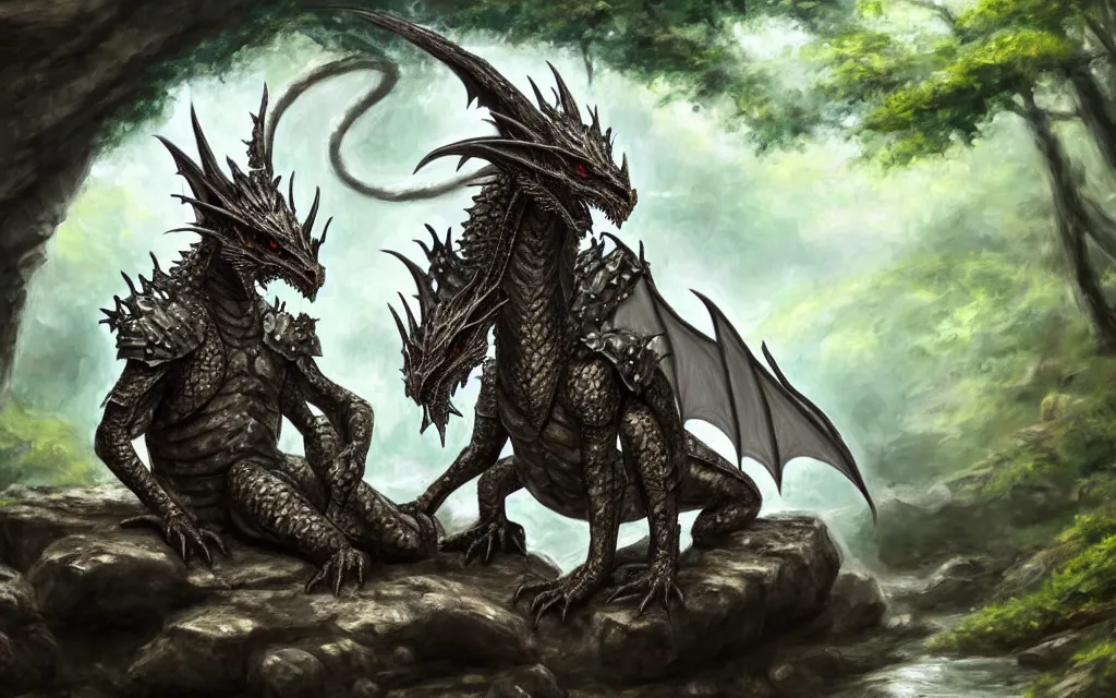 Prompt: A dragon dressed in armor sitting on a rock within a woodland creek, highly detailed, trending on pixiv, realistic oil paint artwork made in 2020.