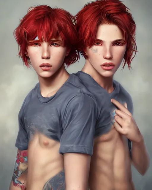 Prompt: portrait of 1 9 - year - old male twins with red hair and freckles, two male, wearing shirts,, hyper realistic face, beautiful eyes, character art, art by mark brooks, hyperdetailed, cryengine, trending on artstation, digital art