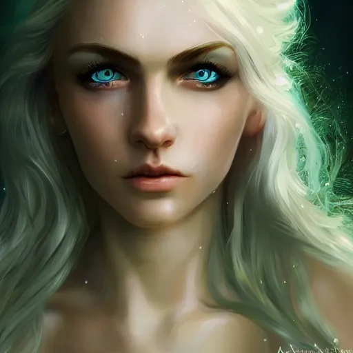 Image similar to portrait of a beautiful young woman with bright blue eyes, flowing white hair, dressed in a green, detailed face, fantasy, highly detailed, cinematic lighting, digital art painting by artgem, trending on artstation, very very beautiful, very attractive, high fantasy