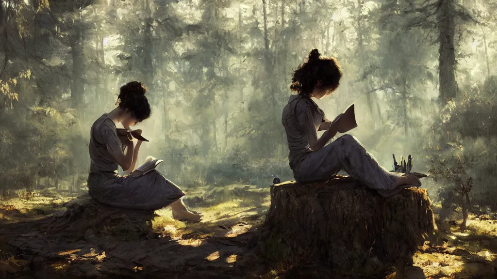 Image similar to girl reading on stump in the forest, curly messy high bun hairstyle, oriental tattoos, morning light, by jeremy mann and greg rutkowski, artstation, oil on canvas