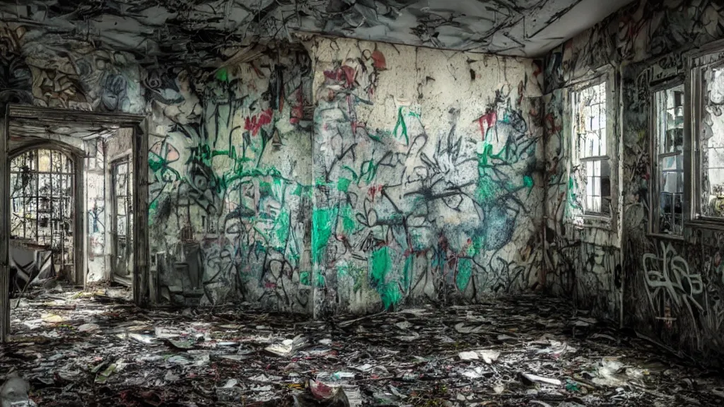 Image similar to abandoned overgrown interior, graffiti covered walls, peeling paint, volumetric lighting, creepy, highly detailed