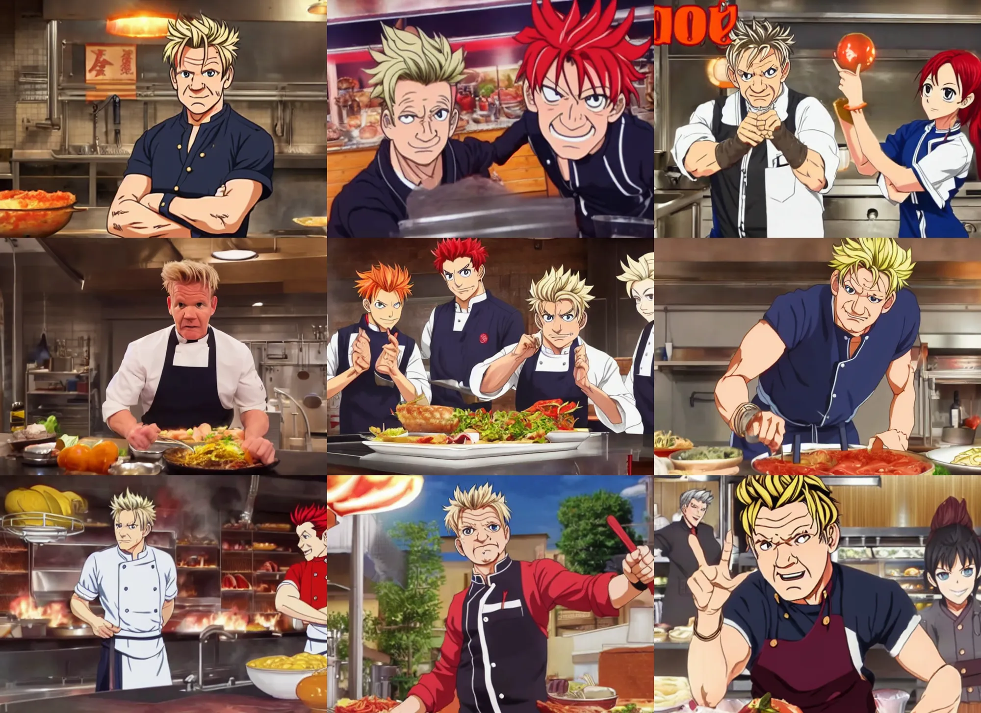 Prompt: a still of gordon ramsay as soma in food wars! : shokugeki no soma ( 2 0 1 5 )