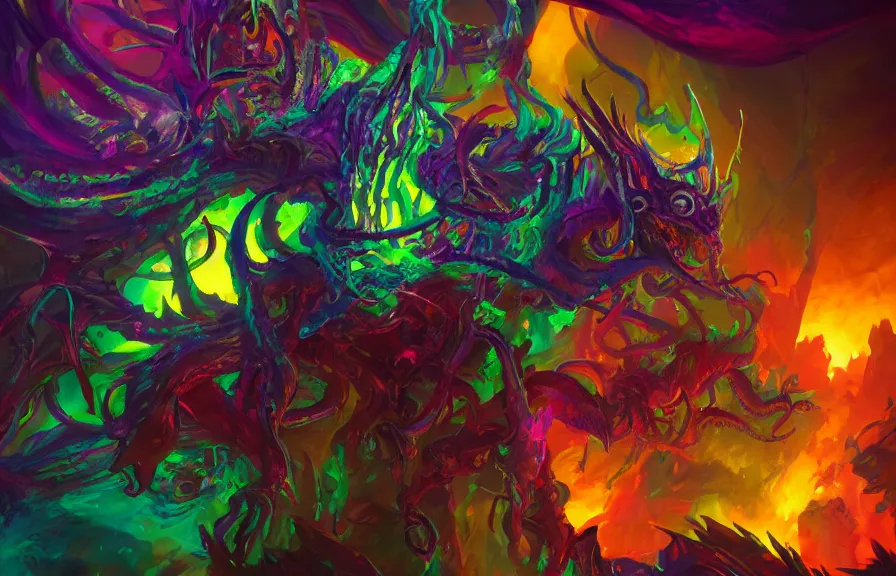 Prompt: psychedelic colourful demon of infinite spikes, eldritch horror, character art by Greg Rutkowski, 4k digital render