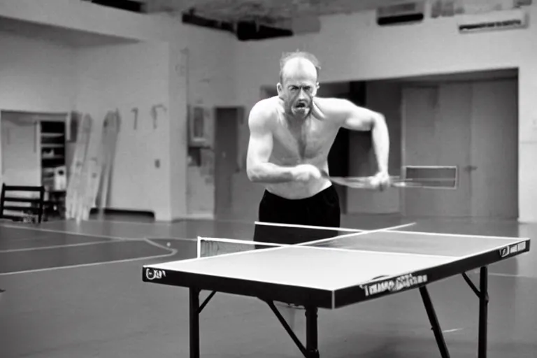 Image similar to very sweaty man playing ping pong, cookbook photo, in 1 9 9 5, y 2 k cybercore, industrial low - light photography, still from a ridley scott movie