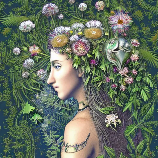 Image similar to an knight, stern face, clear eyes, shining armour made of steel and flowers, and fractal flowery hair in a fractal garden, glowing delicate flower and ferns that grow in a dark fatansy forest,