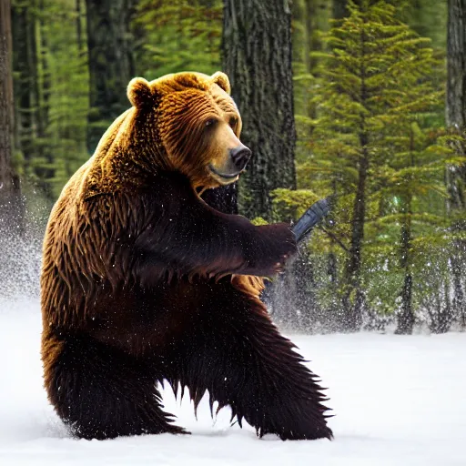 Image similar to kodiak bear fighting a ninja in a forest clearing