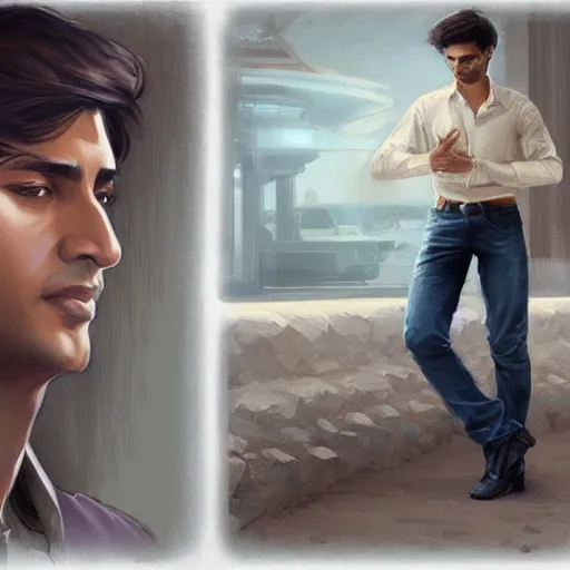 Image similar to Anxious good looking pale young Indian doctors wearing jeans and shirts at the airport, portrait, elegant, intricate, digital painting, artstation, concept art, smooth, sharp focus, illustration, art by artgerm and greg rutkowski and alphonse mucha