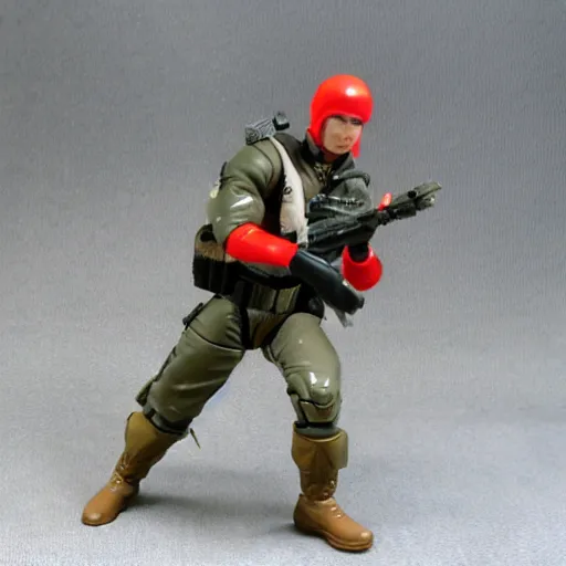 Image similar to G.I. Joe action figure. Articulated plastic dachshund